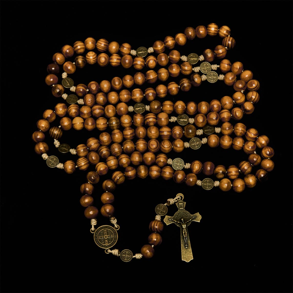 15/20 Decade Olive Wood Rosary with St. Benedict, Crucifix & Waist Chain Design—Divine Devotion in Dual Use