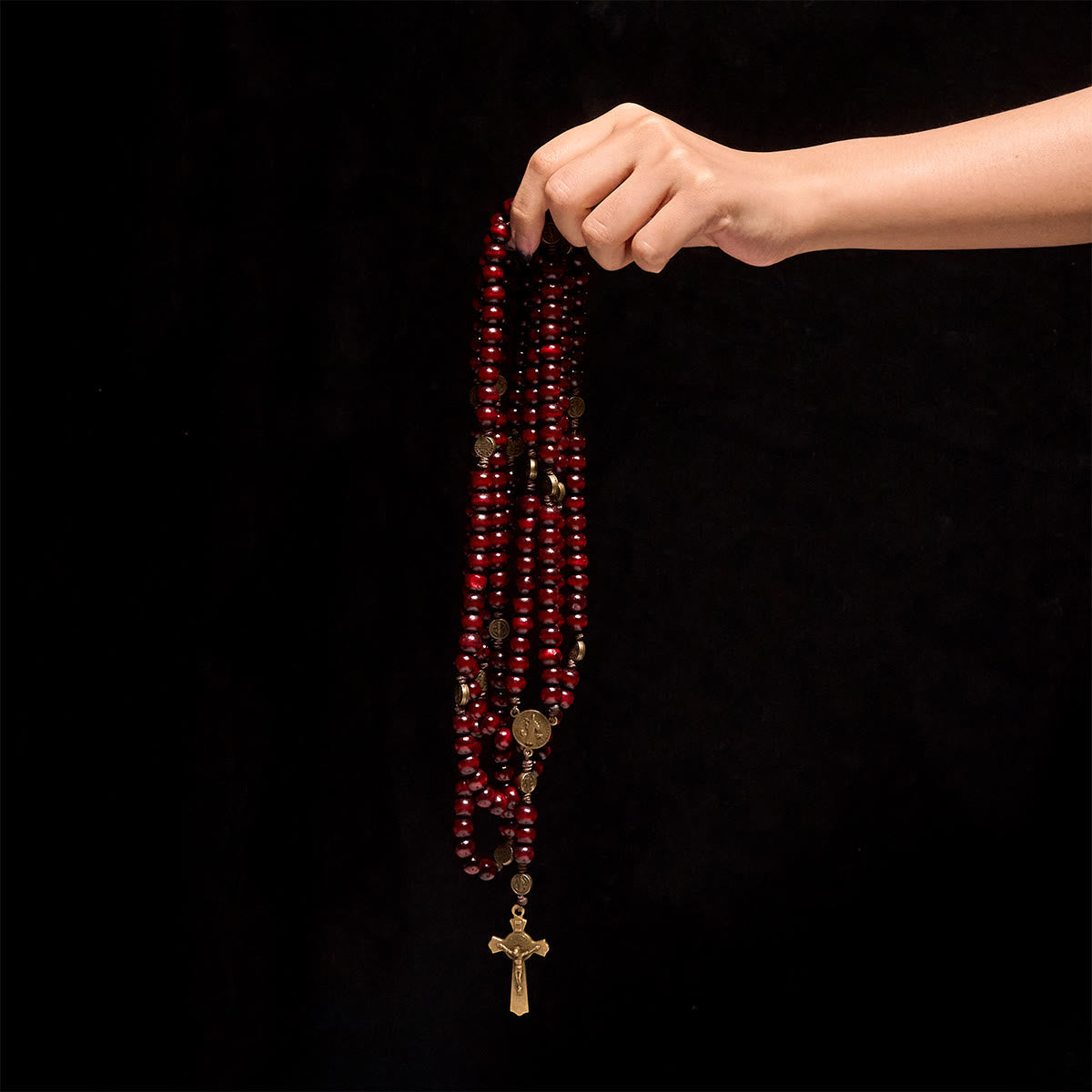 15/20 Decade Olive Wood Rosary with St. Benedict, Crucifix & Waist Chain Design—Divine Devotion in Dual Use