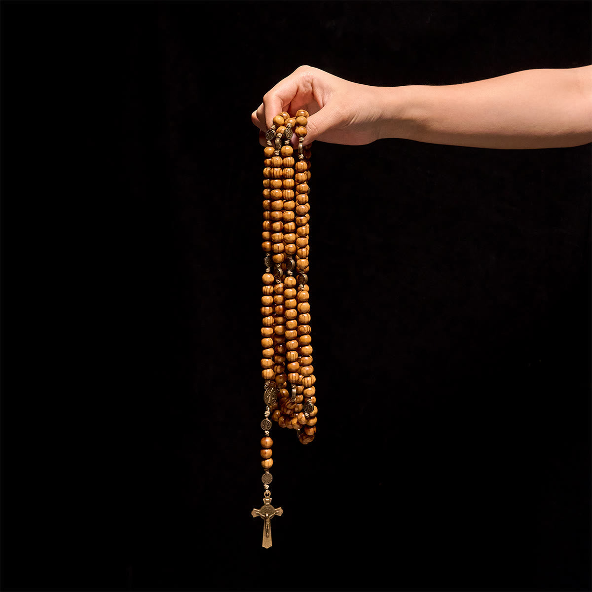 15/20 Decade Olive Wood Rosary with St. Benedict, Crucifix & Waist Chain Design—Divine Devotion in Dual Use
