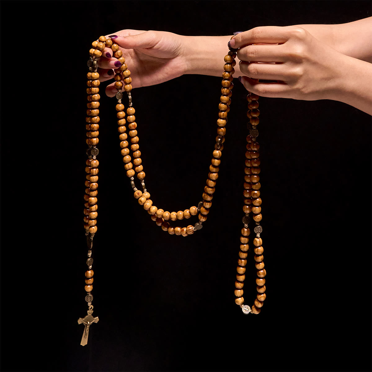 15/20 Decade Olive Wood Rosary with St. Benedict, Crucifix & Waist Chain Design—Divine Devotion in Dual Use