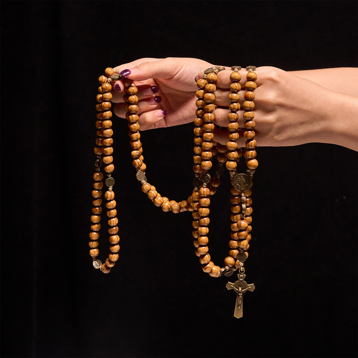 15/20 Decade Olive Wood Rosary with St. Benedict, Crucifix & Waist Chain Design—Divine Devotion in Dual Use