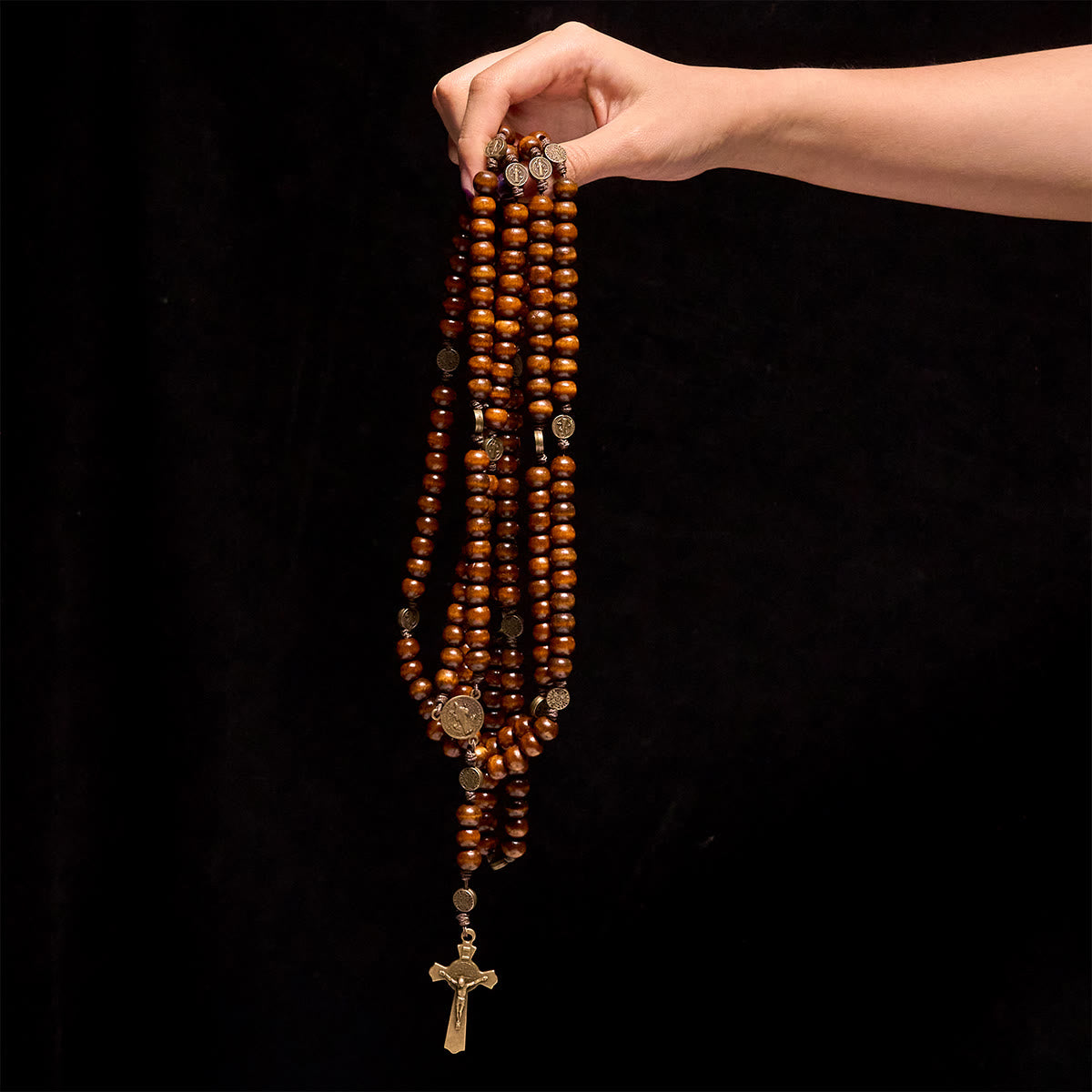 15/20 Decade Olive Wood Rosary with St. Benedict, Crucifix & Waist Chain Design—Divine Devotion in Dual Use