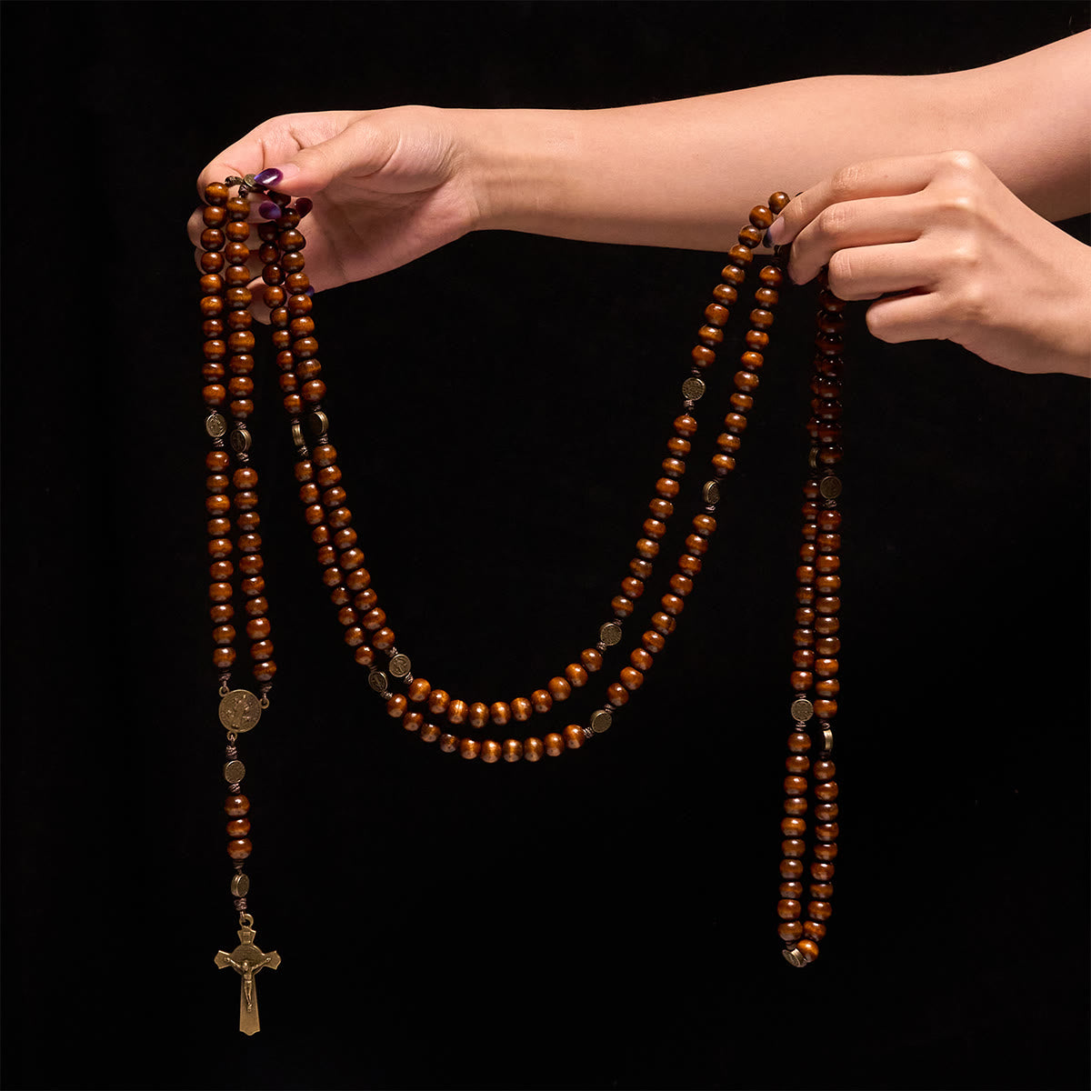 15/20 Decade Olive Wood Rosary with St. Benedict, Crucifix & Waist Chain Design—Divine Devotion in Dual Use