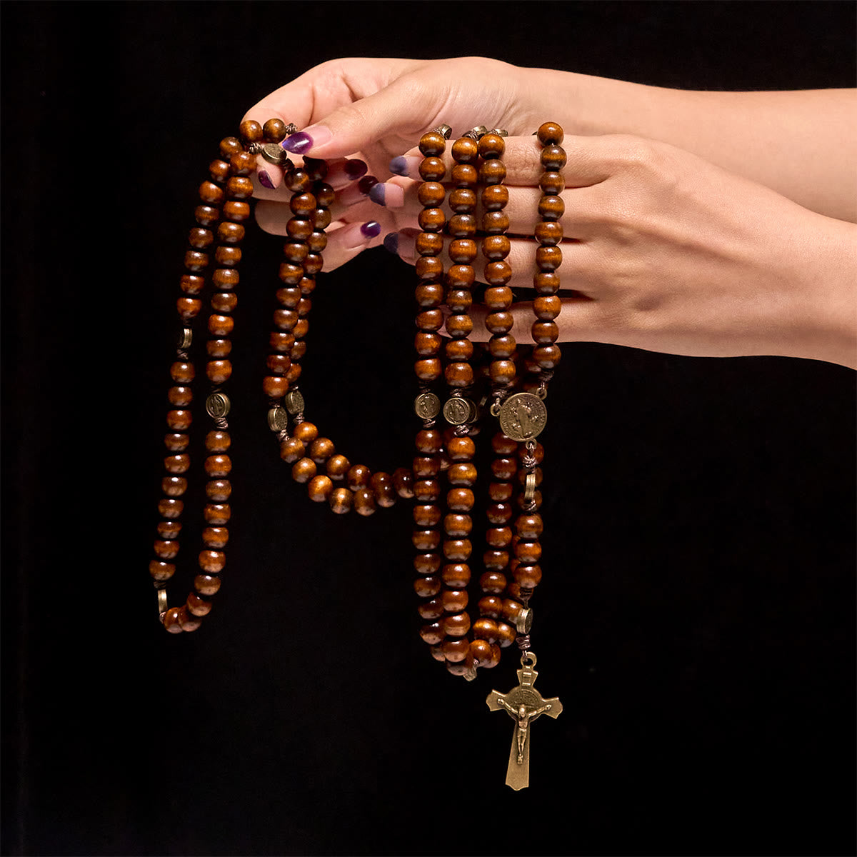 15/20 Decade Olive Wood Rosary with St. Benedict, Crucifix & Waist Chain Design—Divine Devotion in Dual Use