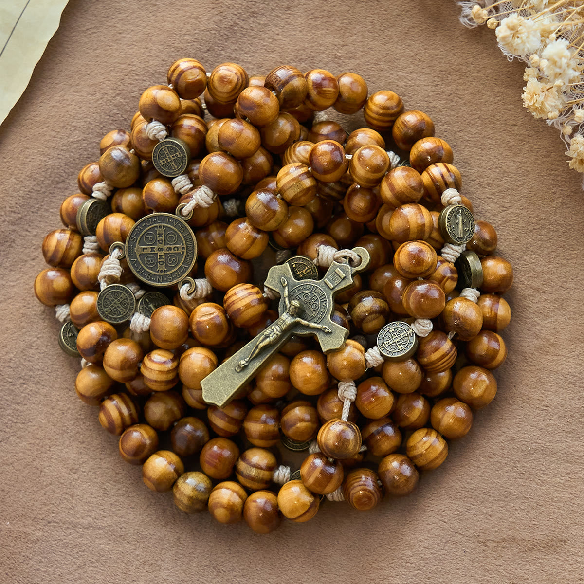 15/20 Decade Olive Wood Rosary with St. Benedict, Crucifix & Waist Chain Design—Divine Devotion in Dual Use