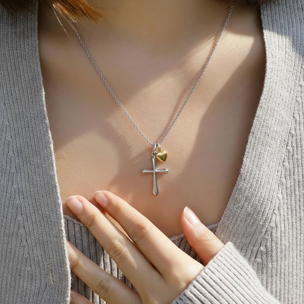 Faith & Love Cross Necklace with Gold Heart Charm – Stainless Steel Christian Pendant