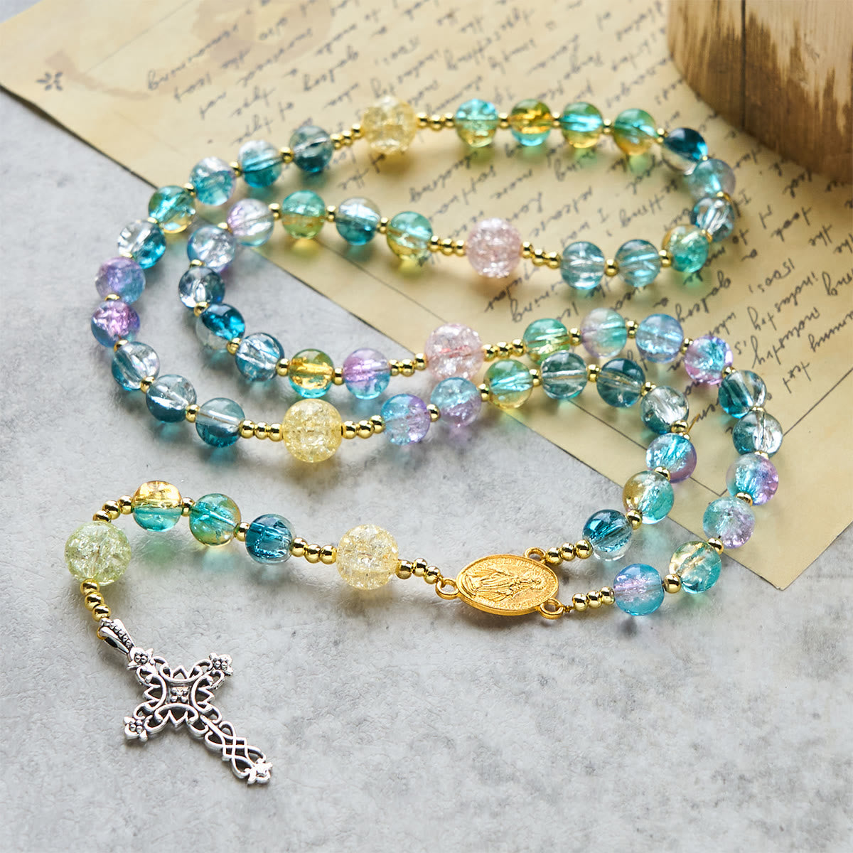 Miraculous Medal & Celtic Cross of 8 mm Round Multicolor Glass Alloy Chain Rosary