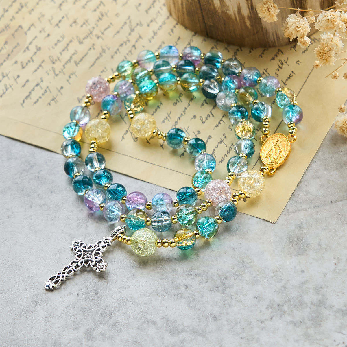 Miraculous Medal & Celtic Cross of 8 mm Round Multicolor Glass Alloy Chain Rosary