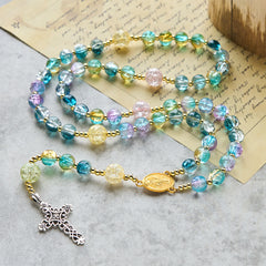 Miraculous Medal & Celtic Cross of 8 mm Round Multicolor Glass Alloy Chain Rosary