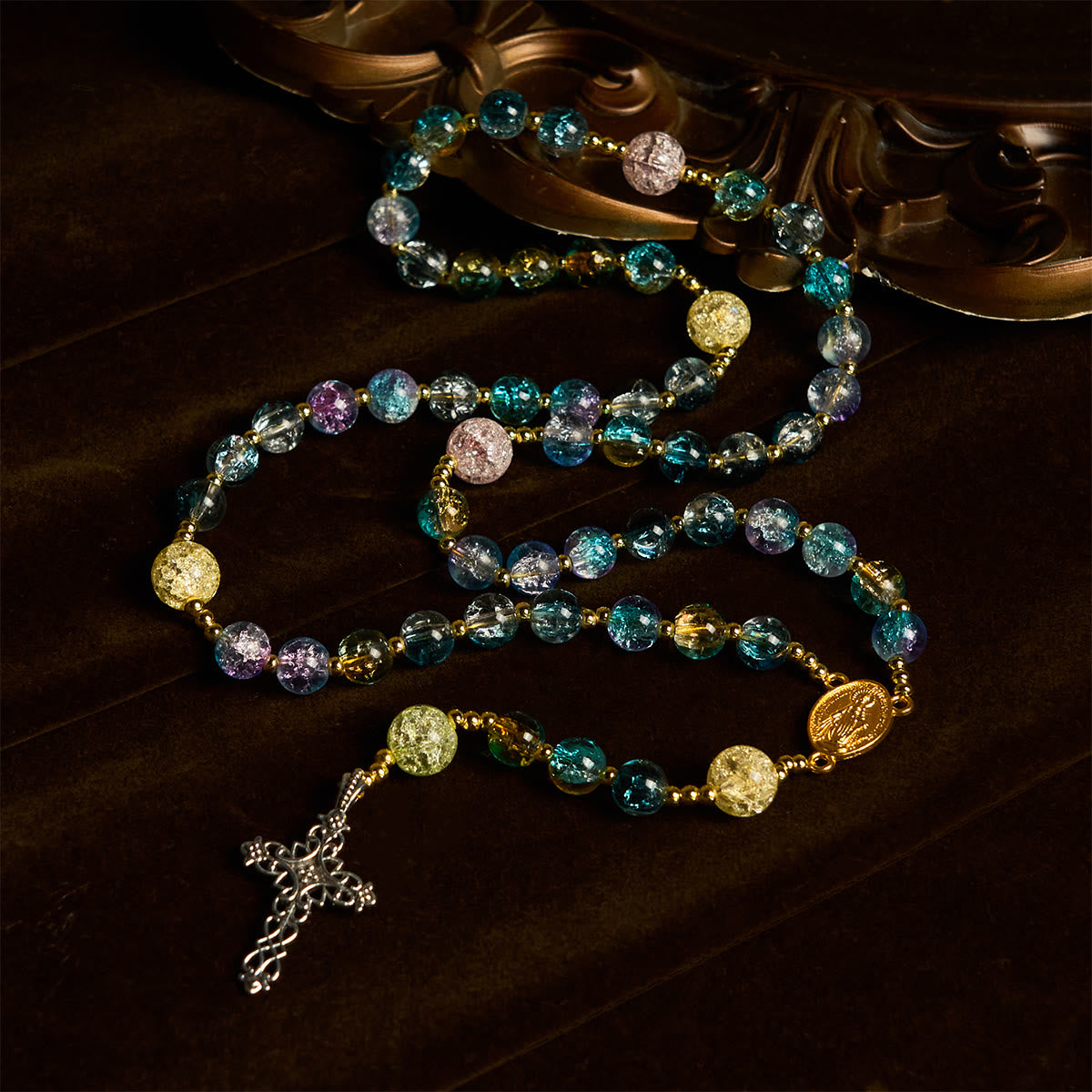 Miraculous Medal & Celtic Cross of 8 mm Round Multicolor Glass Alloy Chain Rosary