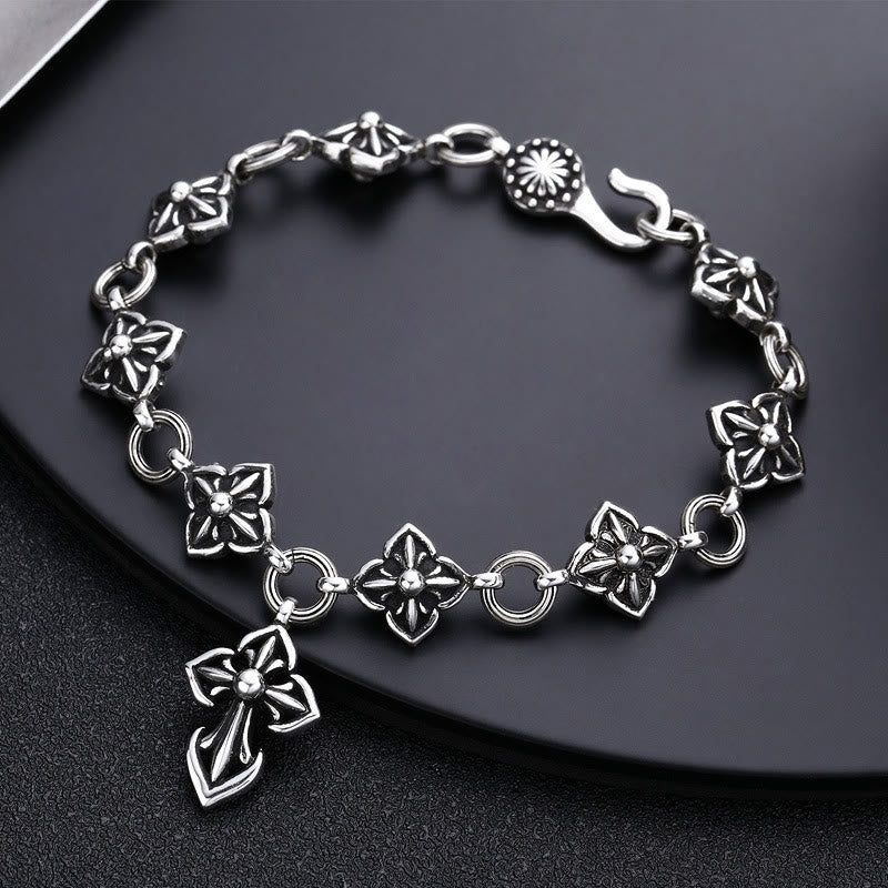 Retro - Styled Sterling Silver Cross Bracelet with Floral Motifs: A Nostalgic Sign of Faith