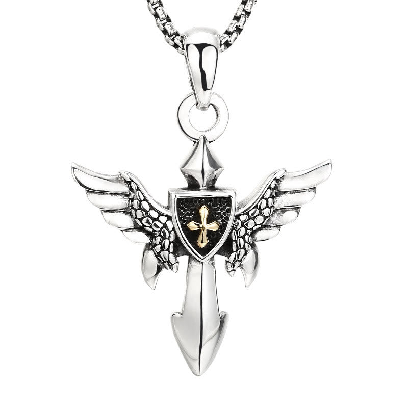 Artistic Winged Silver Cross Pendant with Shield Detail: A Unique Blend of Art and Belief