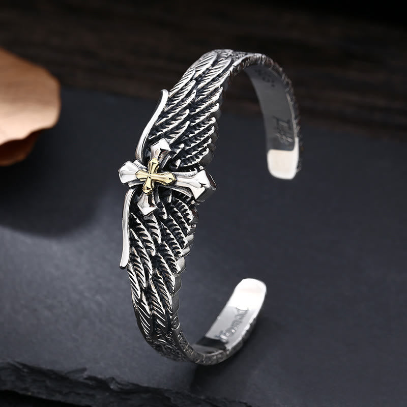 Vintage Two - Tone Silver Wing Cross Ornament Bracelet: A Cherished Symbol of Spiritual Connection