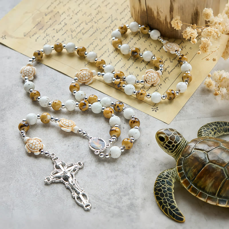 Divine Care Turtle with Warm Yellow Beads and Our Lord's Mercy Animal Rosary