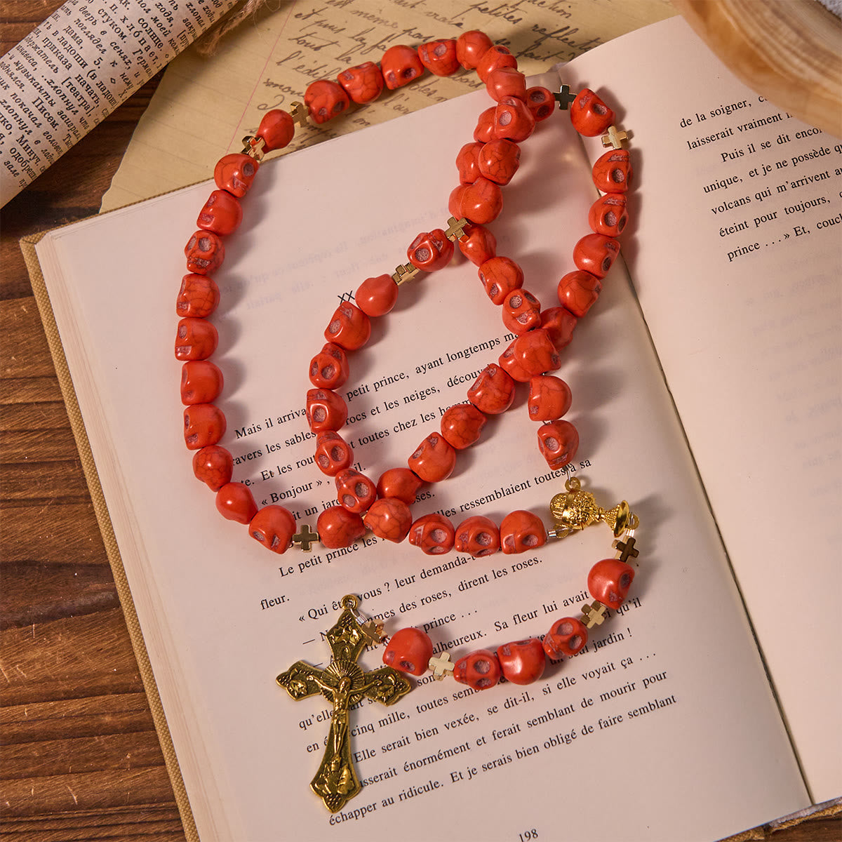 Light Over Darkness - Holy Grail of Salvation with Mystic Crimson Skull Beads Halloween Rosary