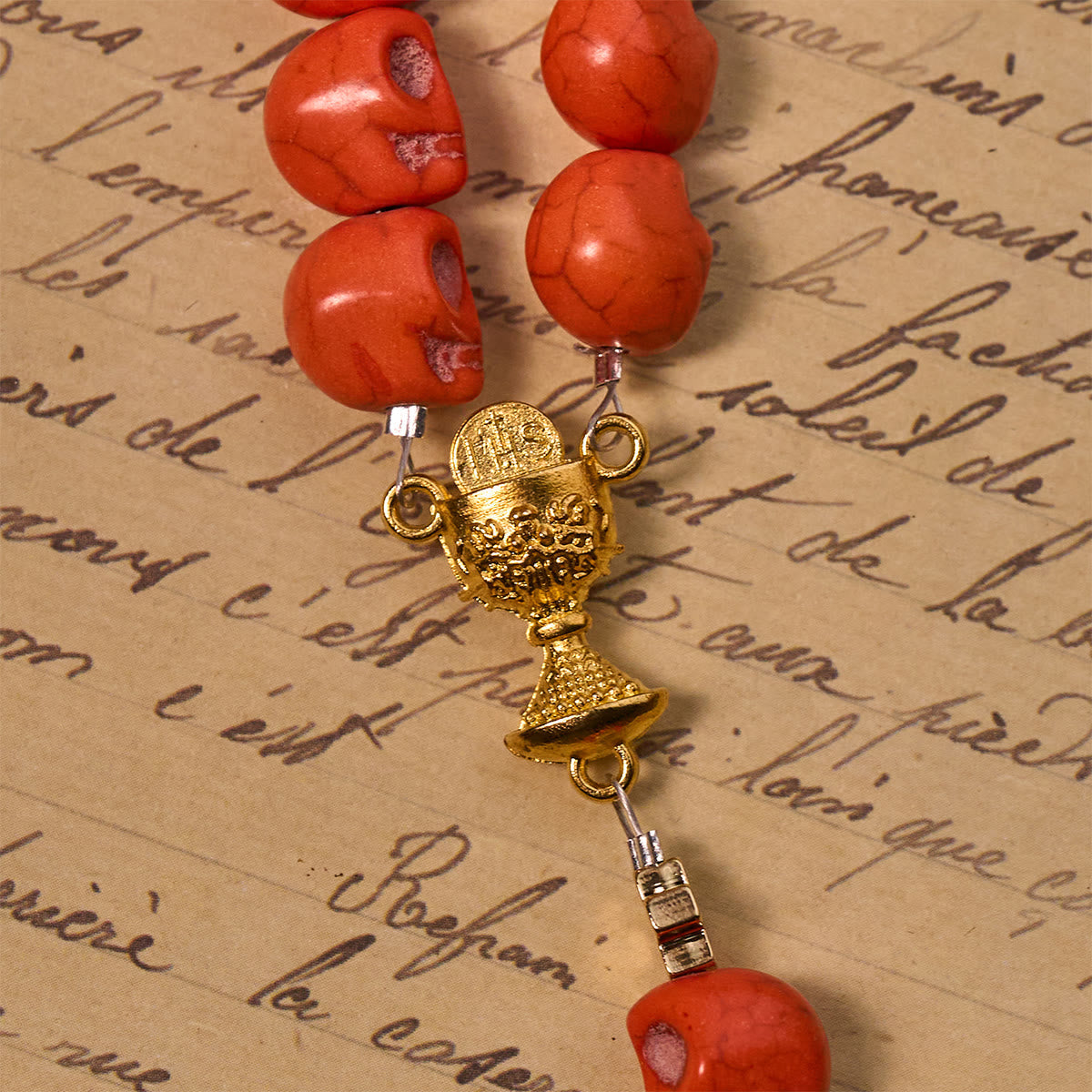 Light Over Darkness - Holy Grail of Salvation with Mystic Crimson Skull Beads Halloween Rosary