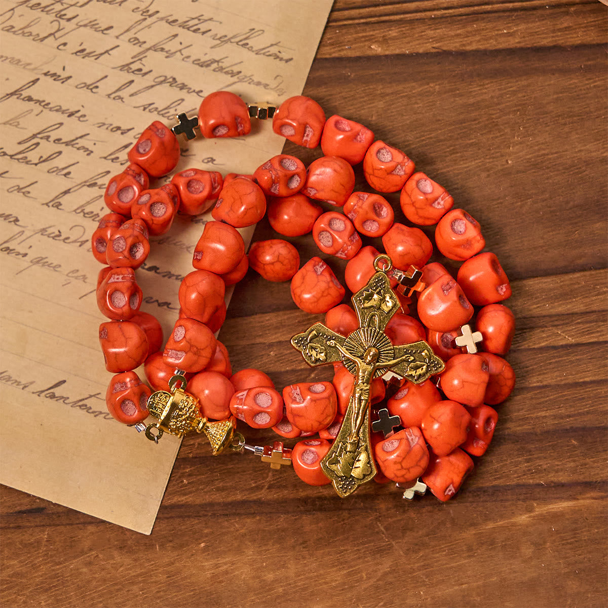 Light Over Darkness - Holy Grail of Salvation with Mystic Crimson Skull Beads Halloween Rosary