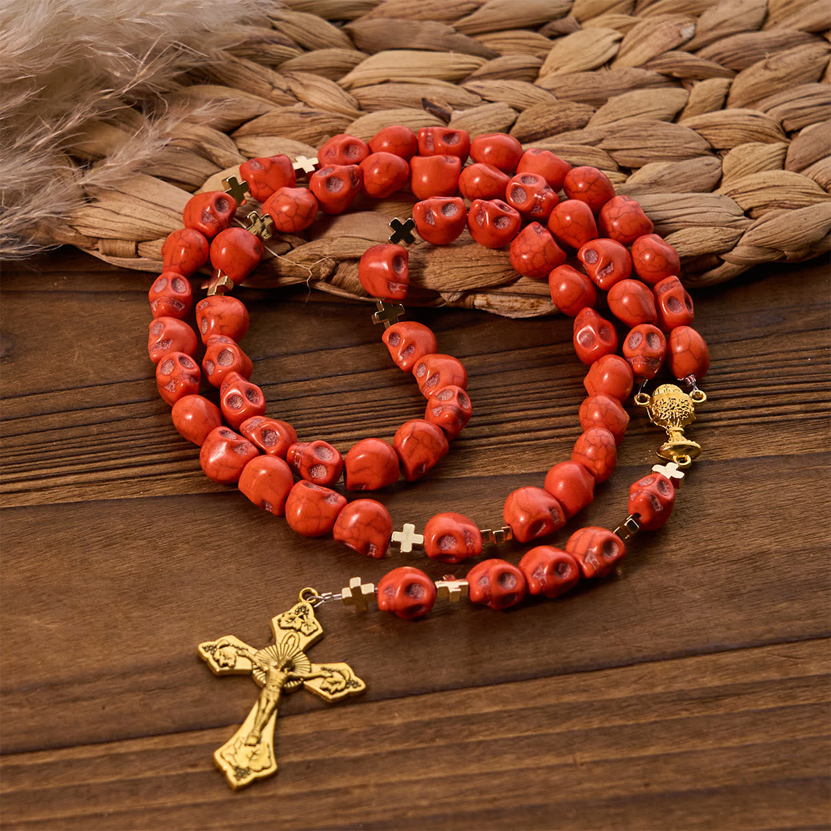 Light Over Darkness - Holy Grail of Salvation with Mystic Crimson Skull Beads Halloween Rosary