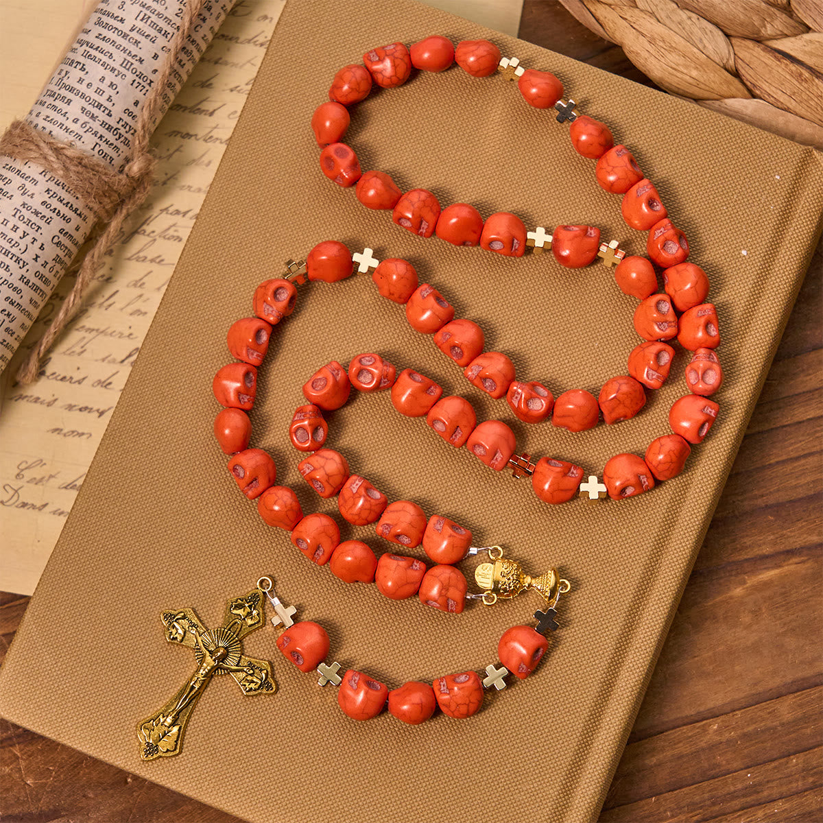 Light Over Darkness - Holy Grail of Salvation with Mystic Crimson Skull Beads Halloween Rosary