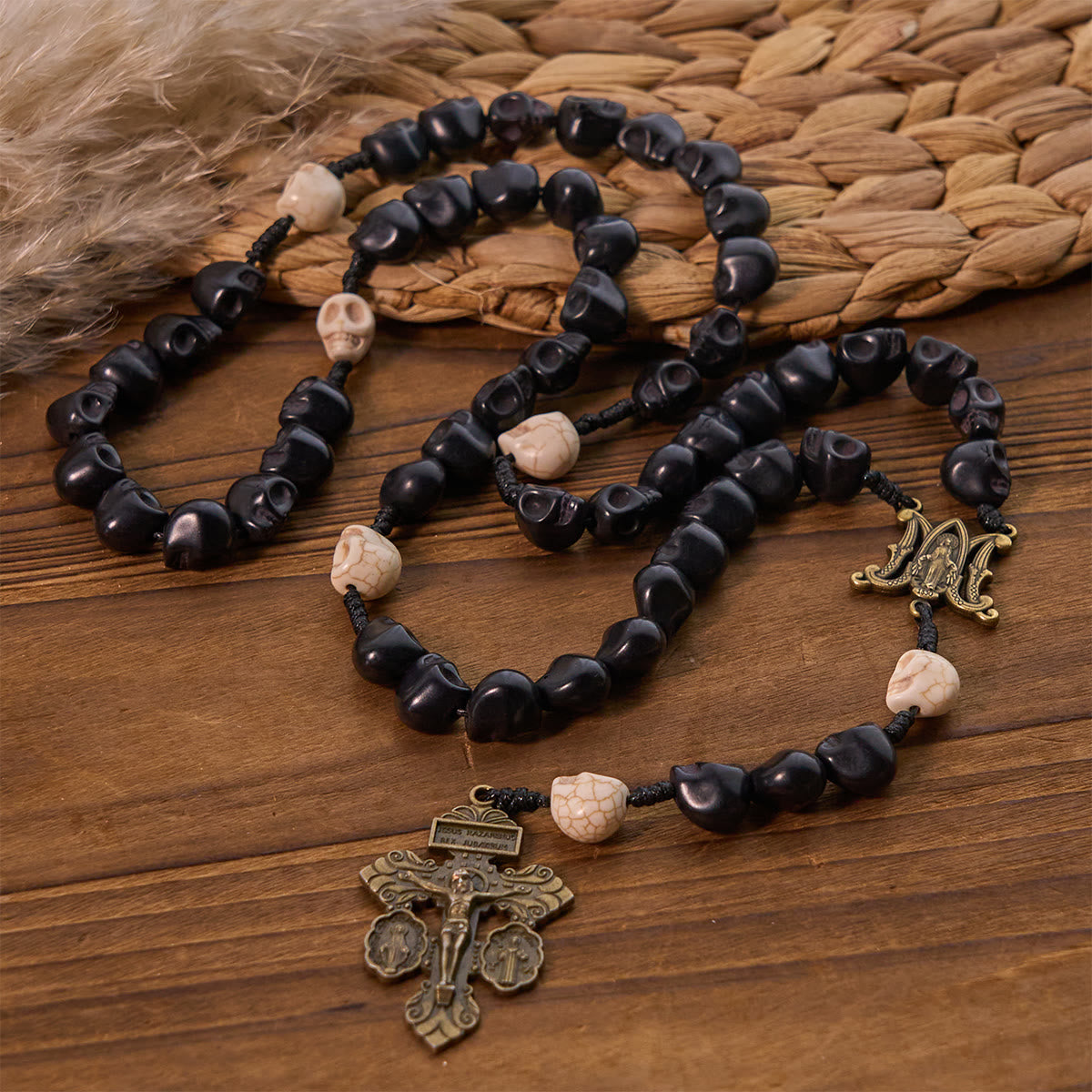 Light Over Darkness - Pardon Crucifix of Mercy with Black Skull Beads Halloween Prayer Rosary