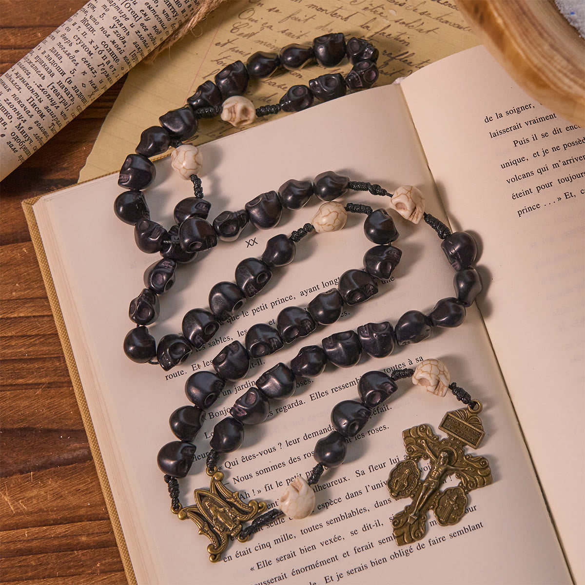 Light Over Darkness - Pardon Crucifix of Mercy with Black Skull Beads Halloween Prayer Rosary