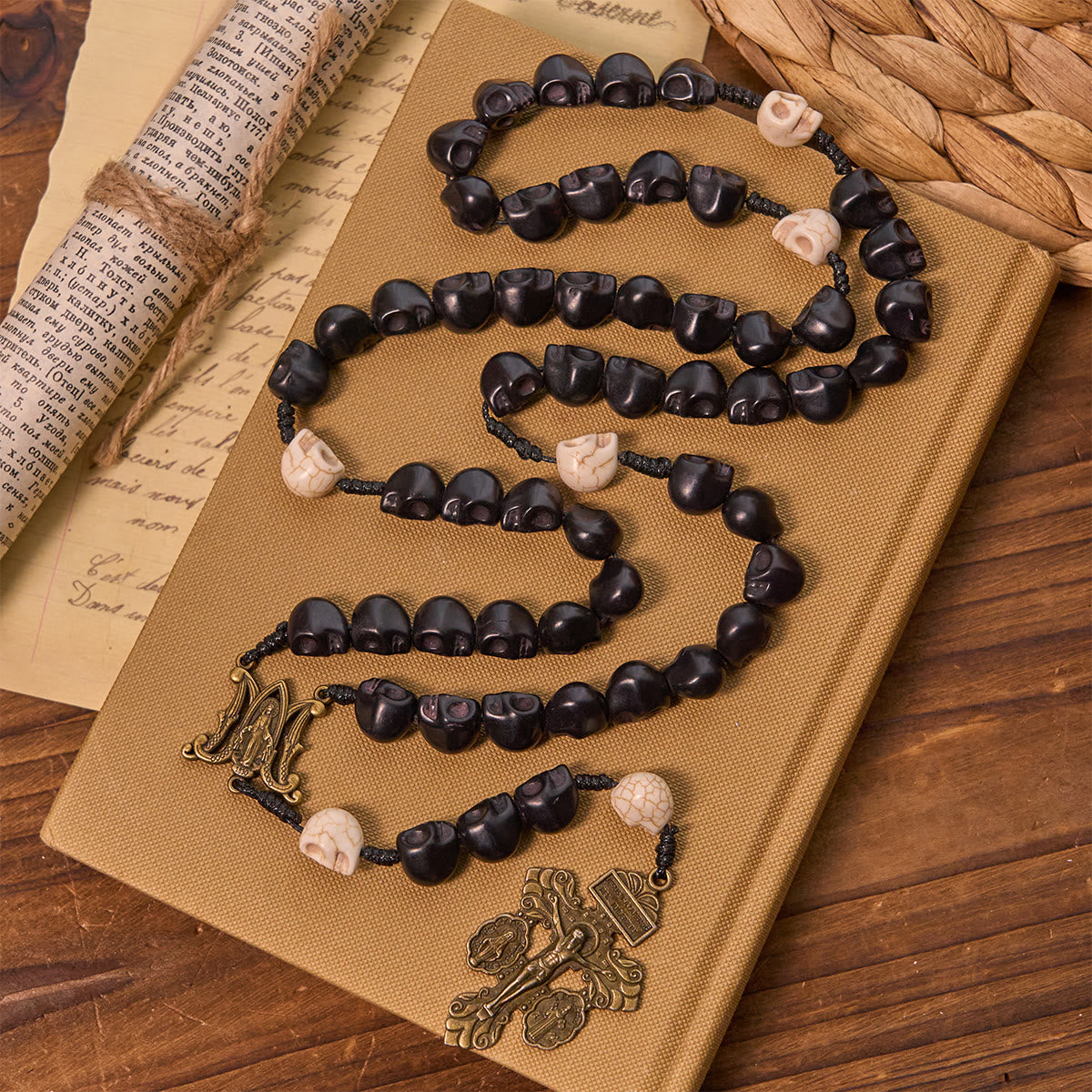 Light Over Darkness - Pardon Crucifix of Mercy with Black Skull Beads Halloween Prayer Rosary