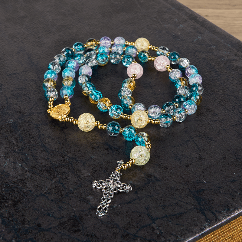 Rainbow of Faith 5-Style MultiColored Shimmering Crackle Glass Rosary