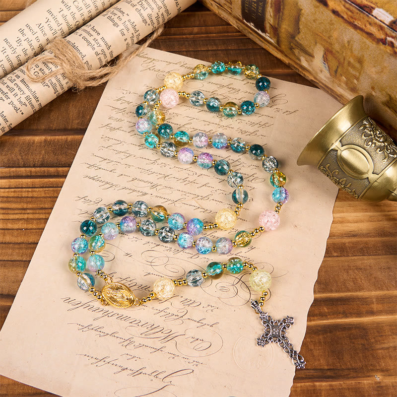 Rainbow of Faith 5-Style MultiColored Shimmering Crackle Glass Rosary