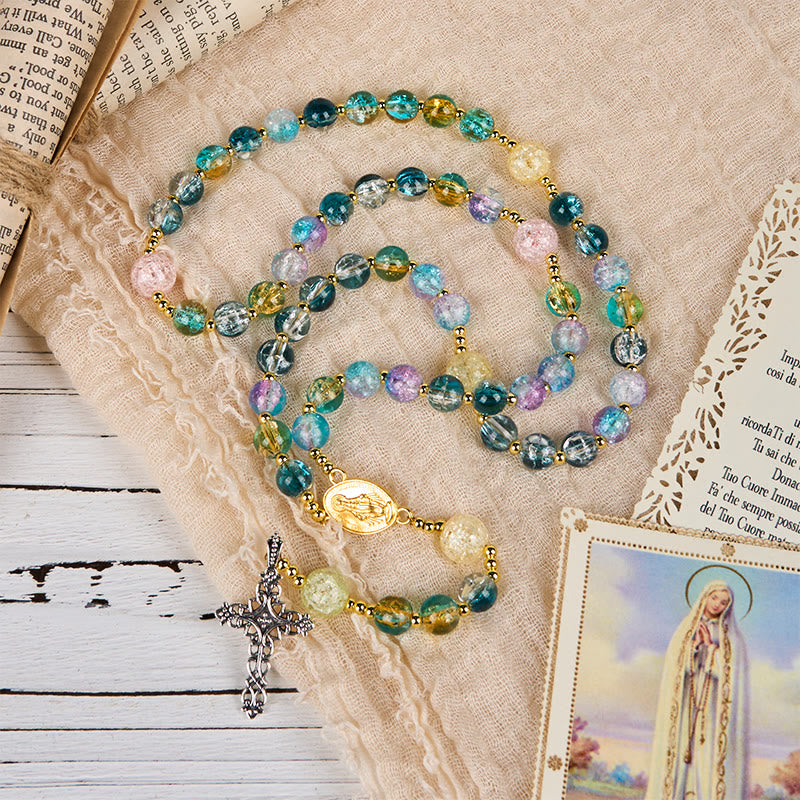 Rainbow of Faith 5-Style MultiColored Shimmering Crackle Glass Rosary