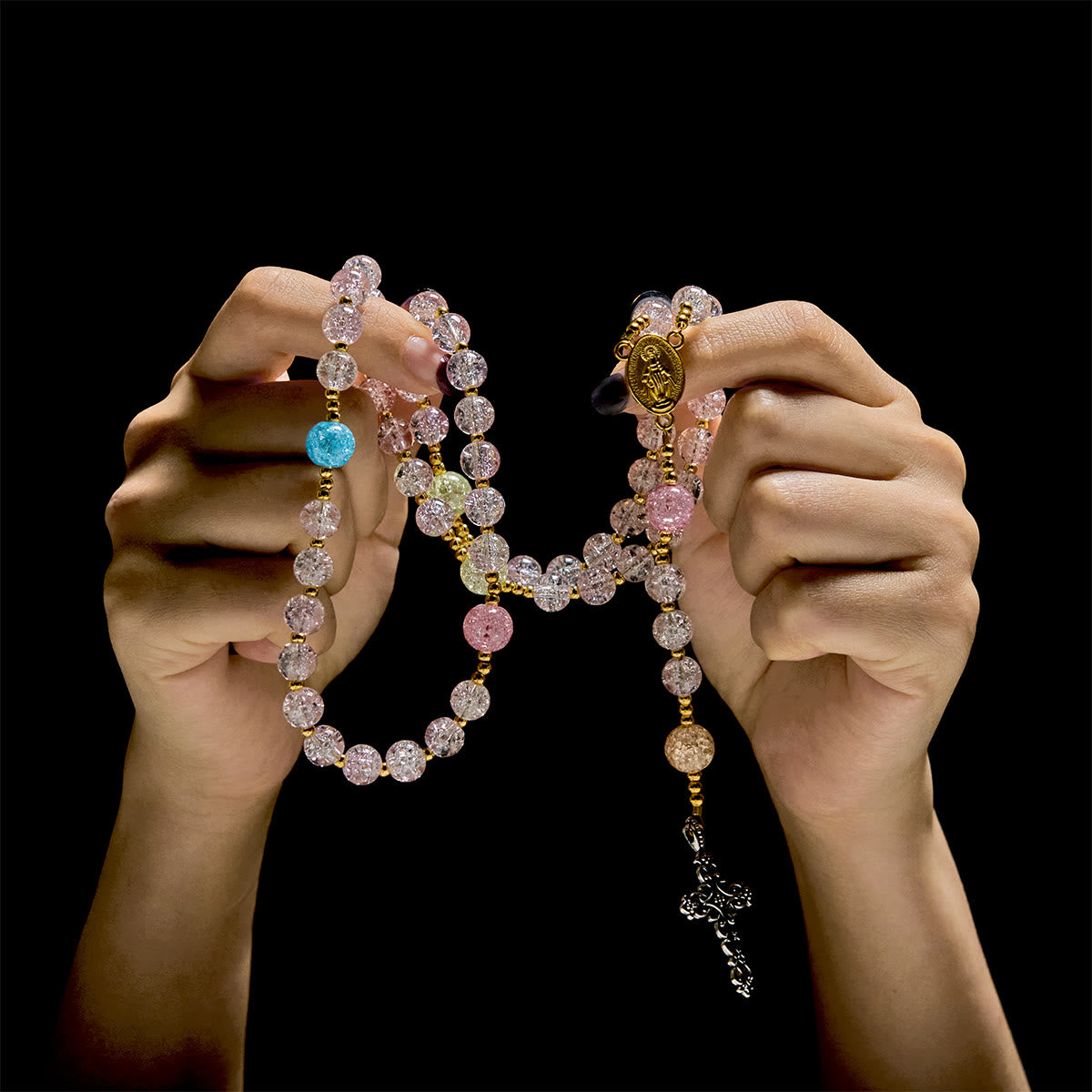 Rainbow of Faith 5-Style MultiColored Shimmering Crackle Glass Rosary