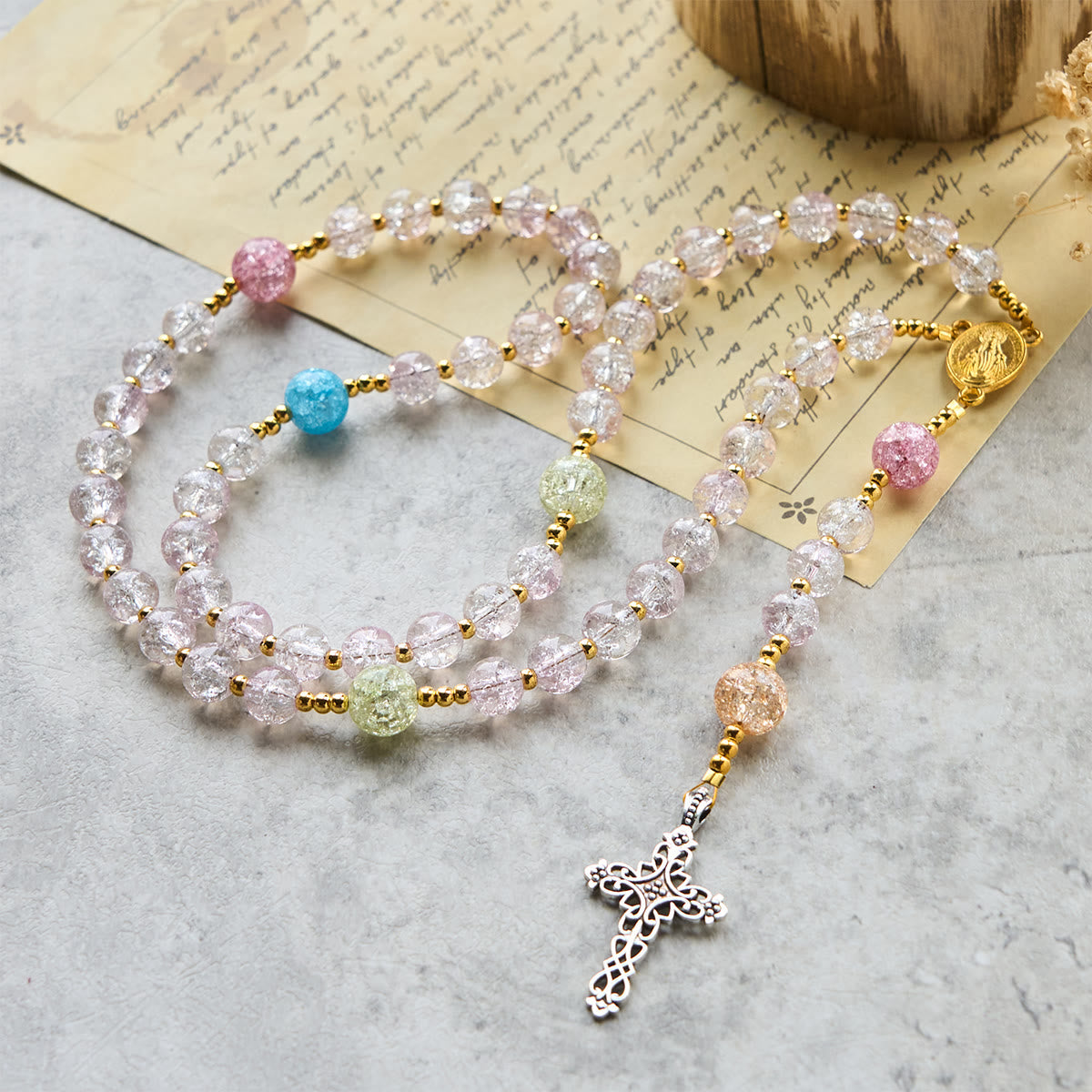 Rainbow of Faith 5-Style MultiColored Shimmering Crackle Glass Rosary