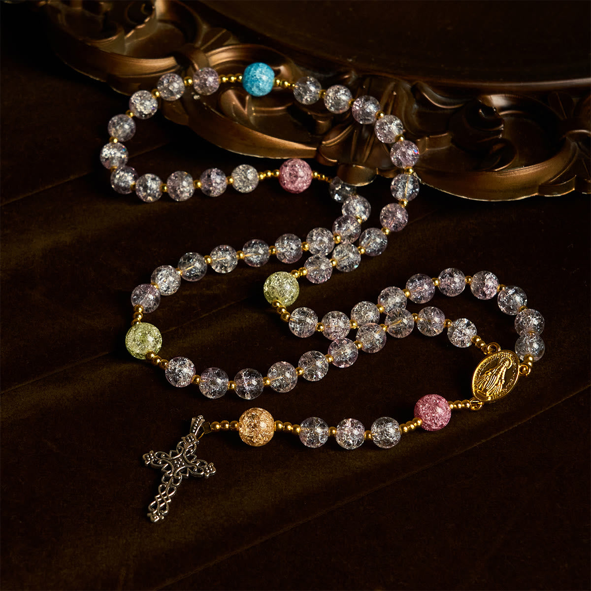 Rainbow of Faith 5-Style MultiColored Shimmering Crackle Glass Rosary
