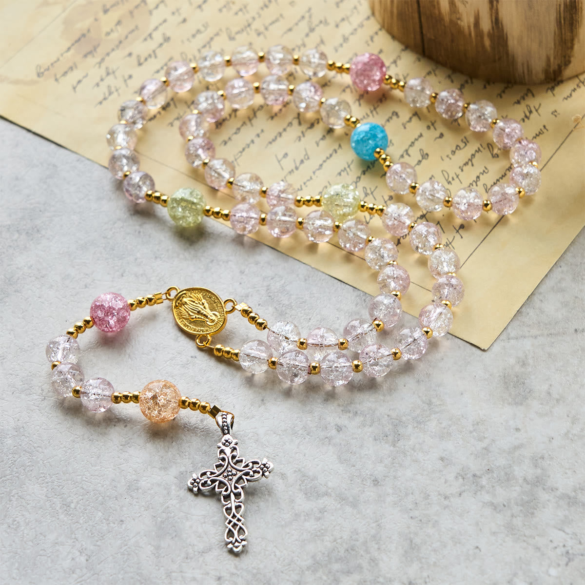 Rainbow of Faith 5-Style MultiColored Shimmering Crackle Glass Rosary