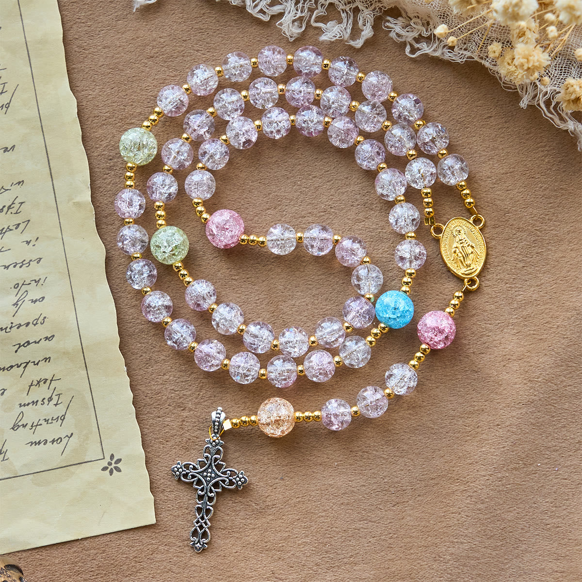 Rainbow of Faith 5-Style MultiColored Shimmering Crackle Glass Rosary