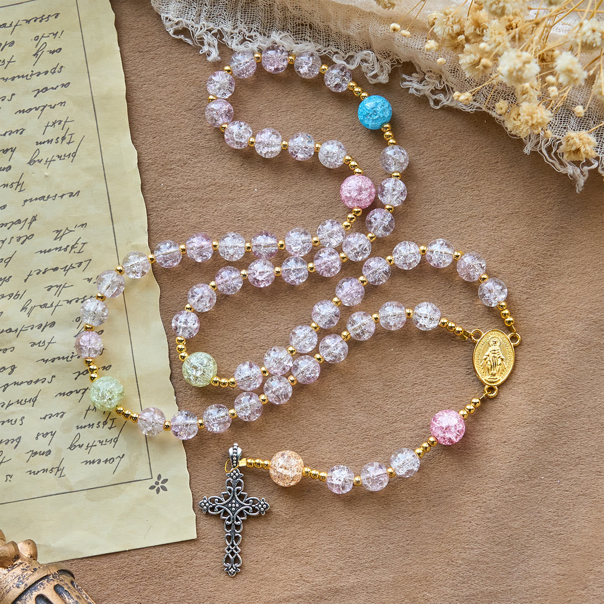 Rainbow of Faith 5-Style MultiColored Shimmering Crackle Glass Rosary