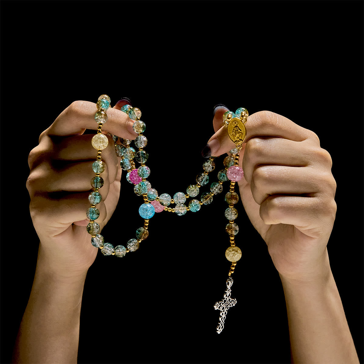 Rainbow of Faith 5-Style MultiColored Shimmering Crackle Glass Rosary