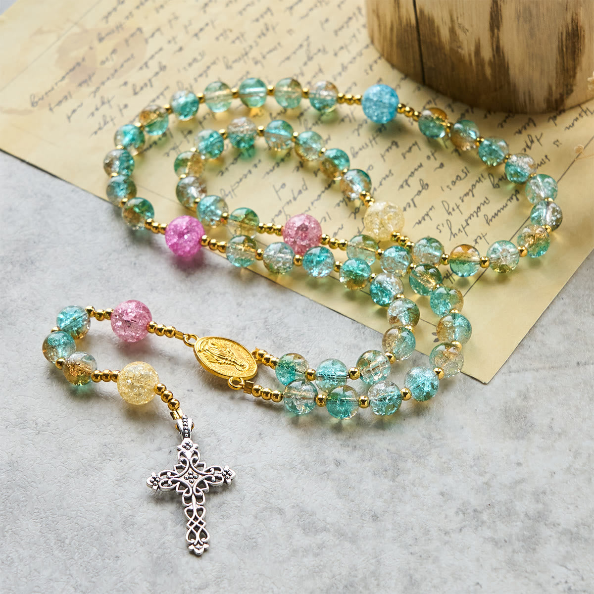 Rainbow of Faith 5-Style MultiColored Shimmering Crackle Glass Rosary