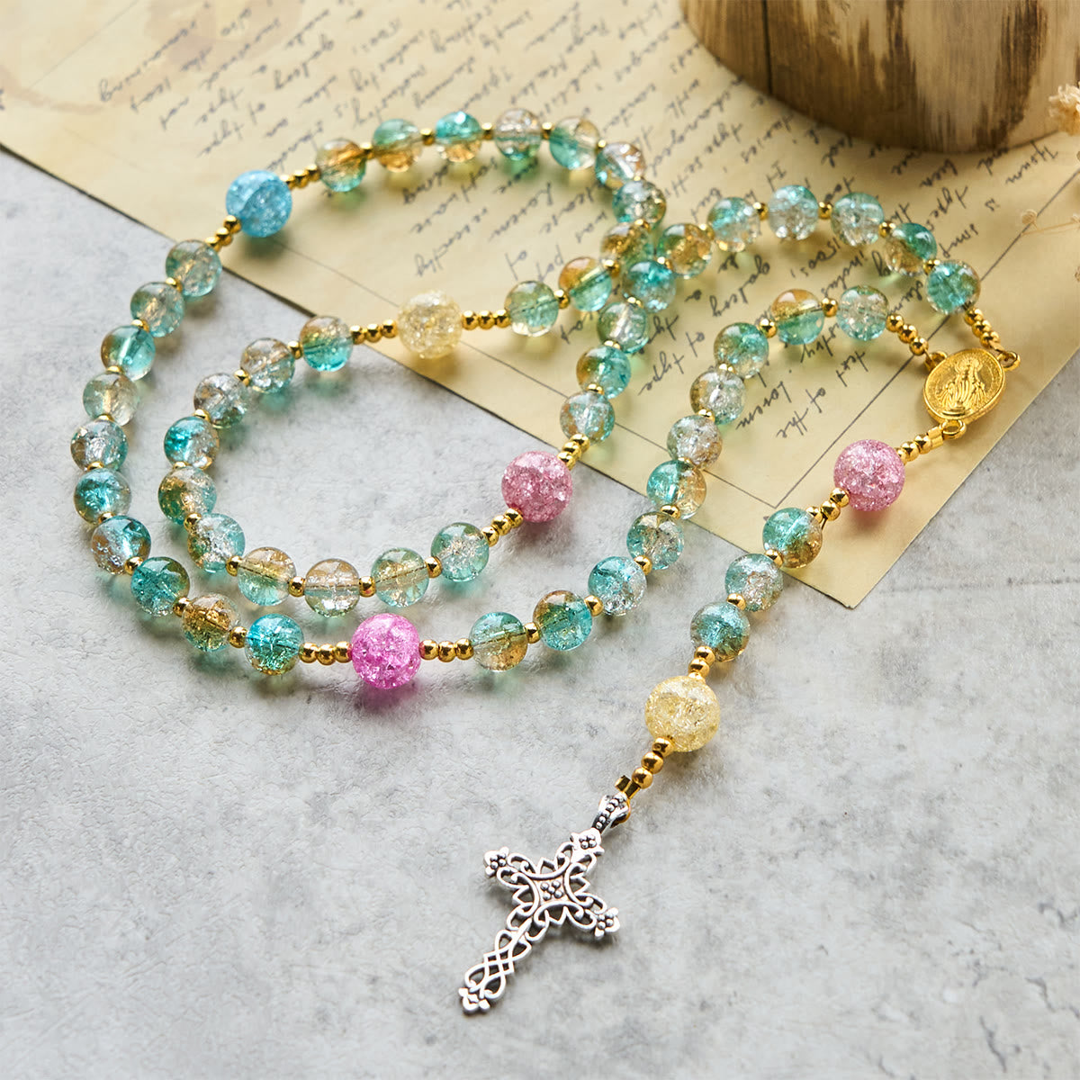 Rainbow of Faith 5-Style MultiColored Shimmering Crackle Glass Rosary