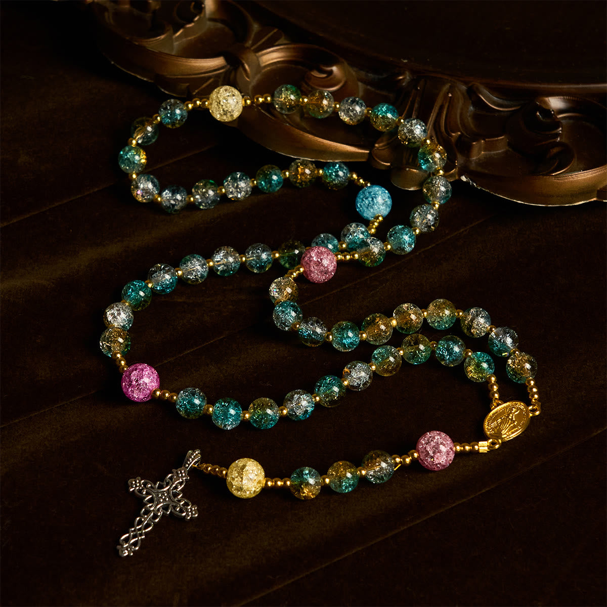 Rainbow of Faith 5-Style MultiColored Shimmering Crackle Glass Rosary