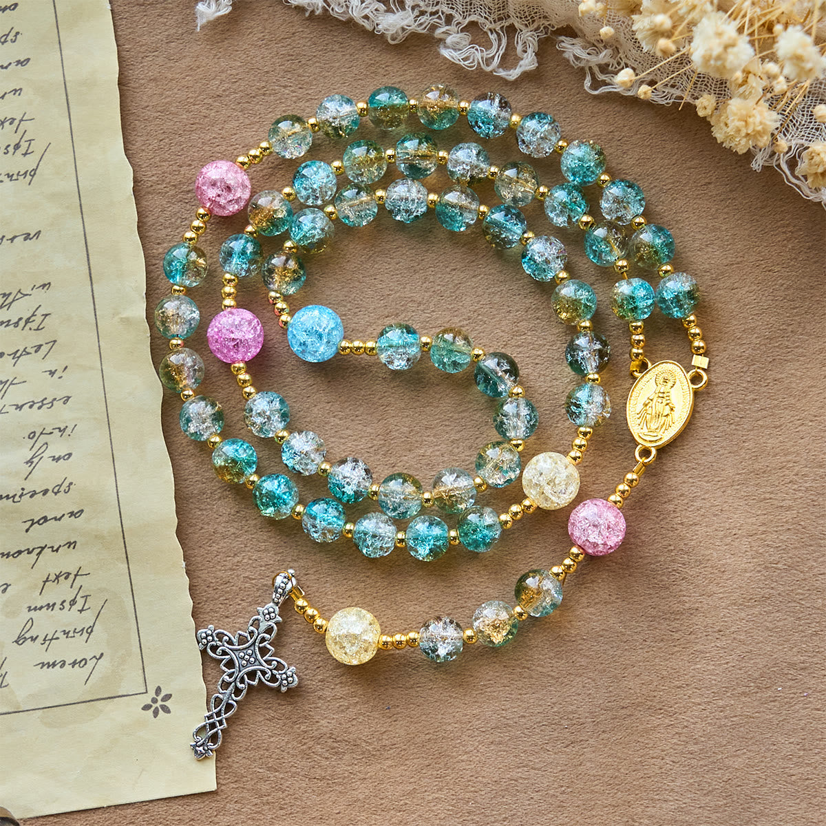Rainbow of Faith 5-Style MultiColored Shimmering Crackle Glass Rosary
