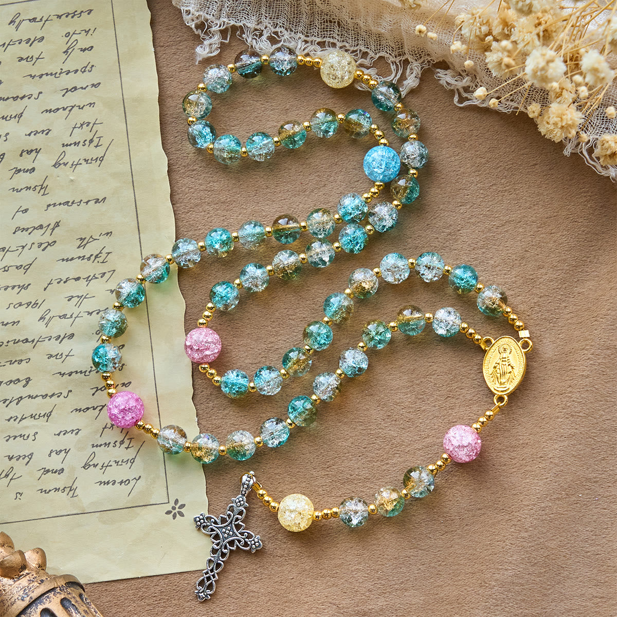 Rainbow of Faith 5-Style MultiColored Shimmering Crackle Glass Rosary