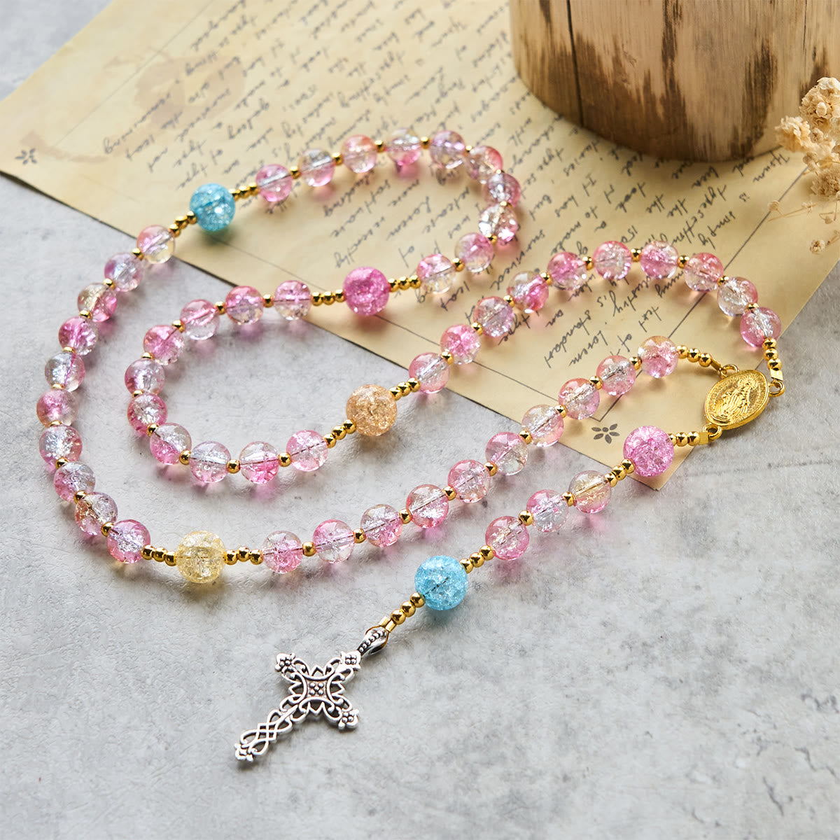 Rainbow of Faith 5-Style MultiColored Shimmering Crackle Glass Rosary