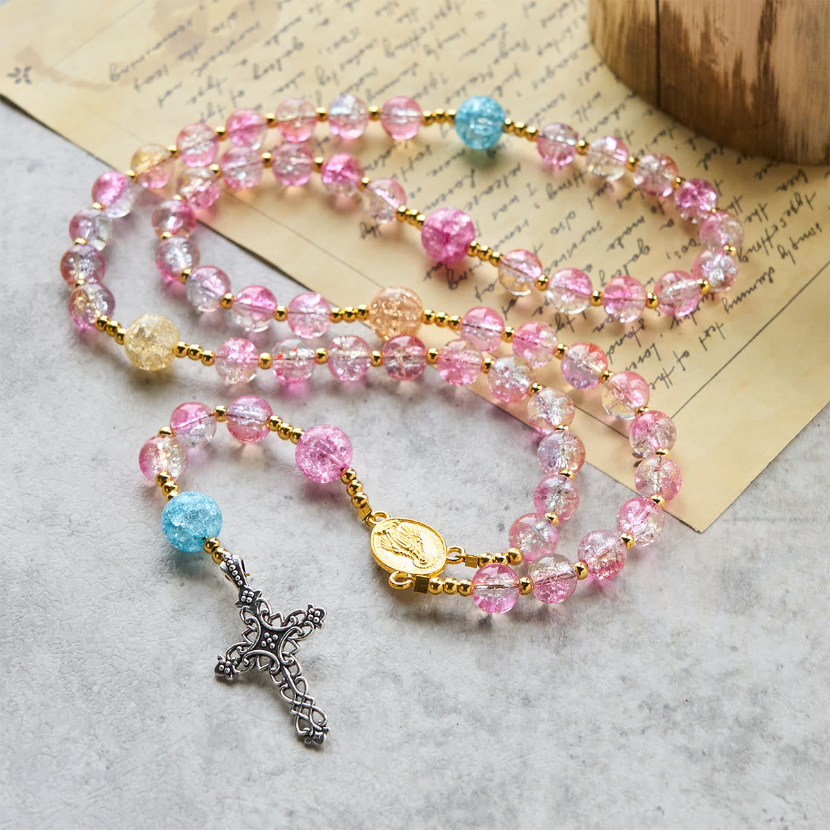 Rainbow of Faith 5-Style MultiColored Shimmering Crackle Glass Rosary