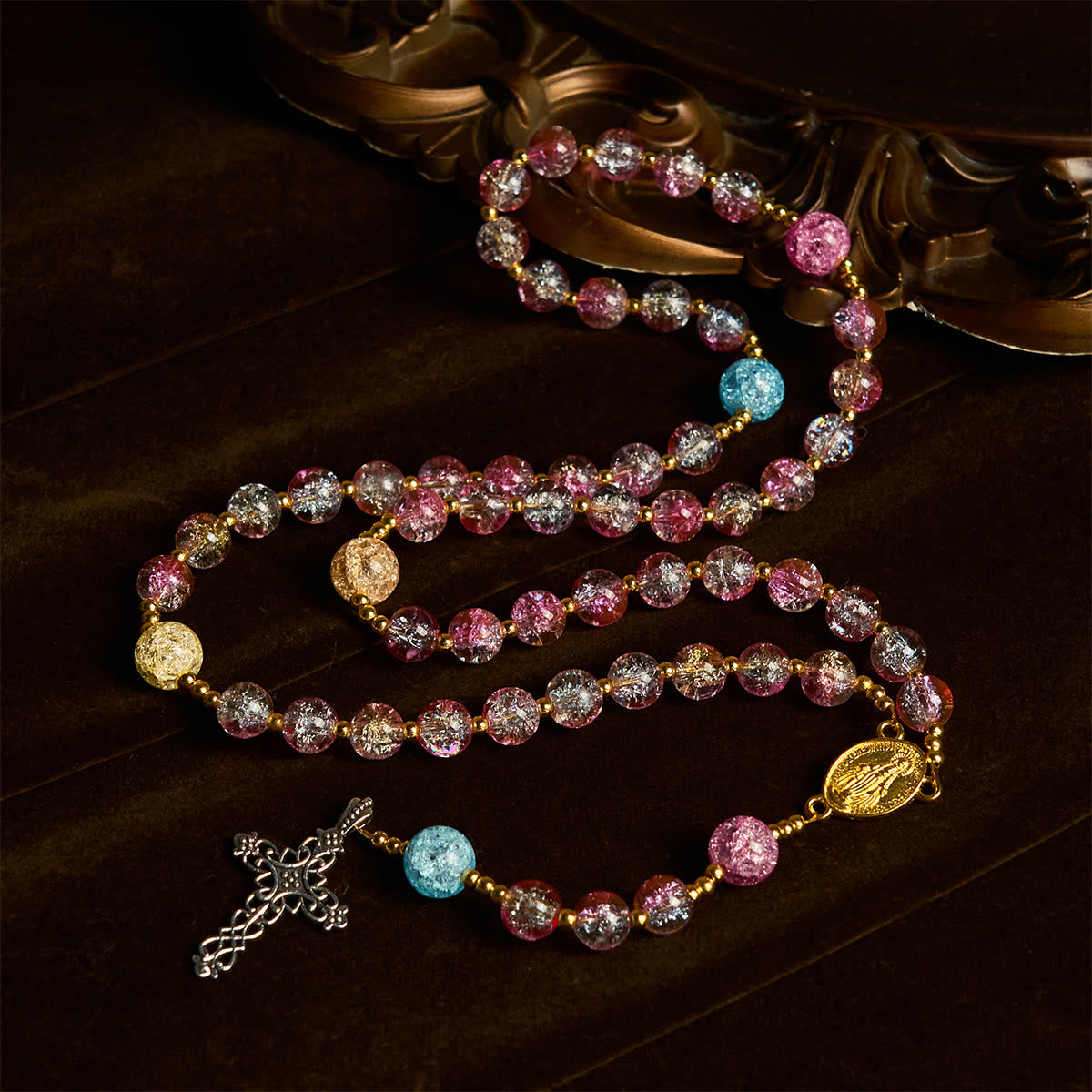 Rainbow of Faith 5-Style MultiColored Shimmering Crackle Glass Rosary