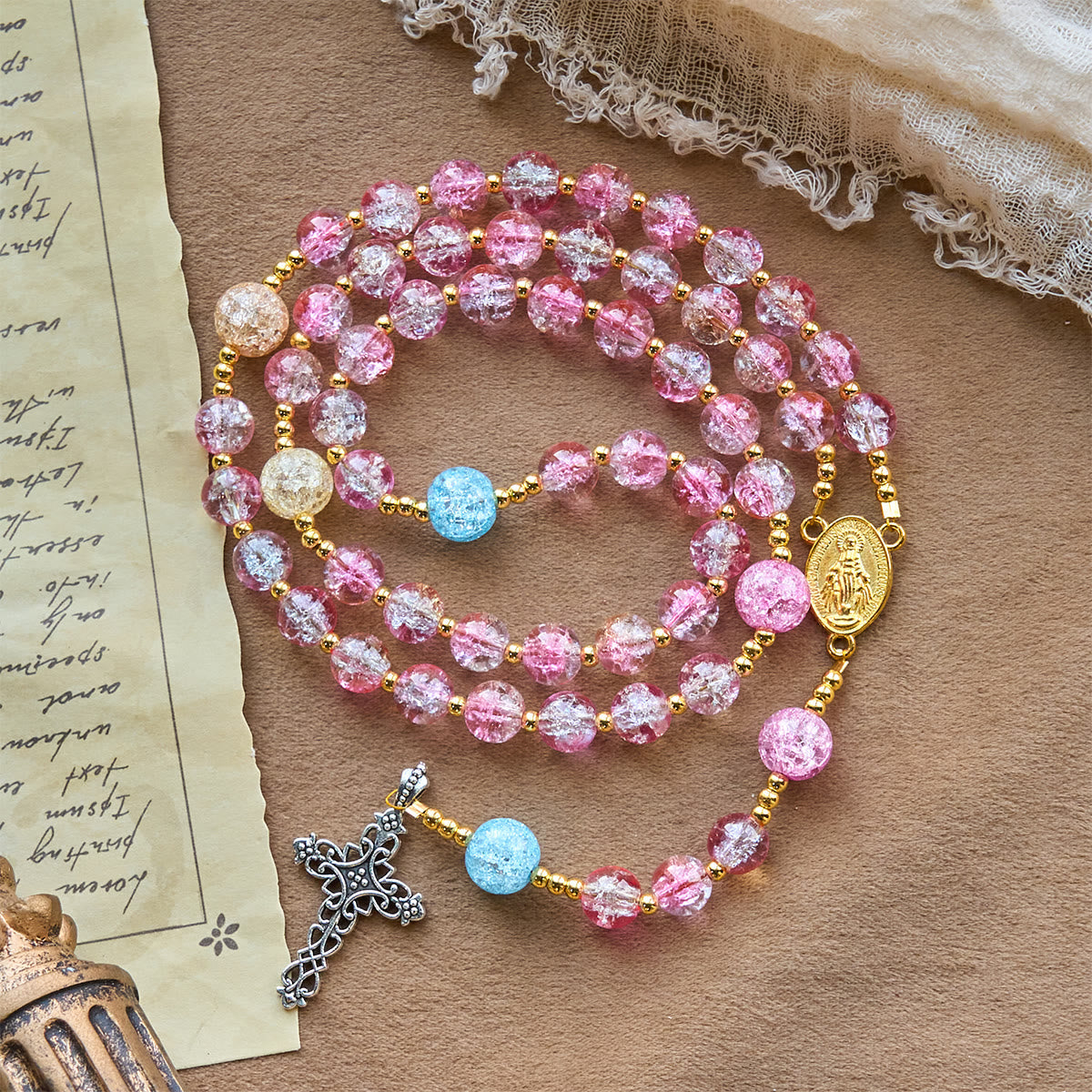 Rainbow of Faith 5-Style MultiColored Shimmering Crackle Glass Rosary