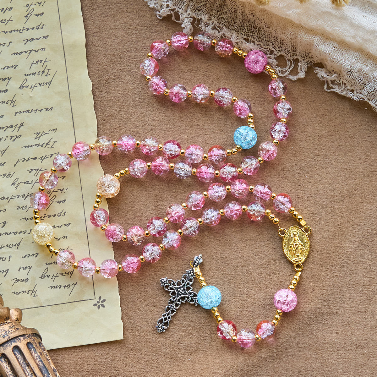 Rainbow of Faith 5-Style MultiColored Shimmering Crackle Glass Rosary