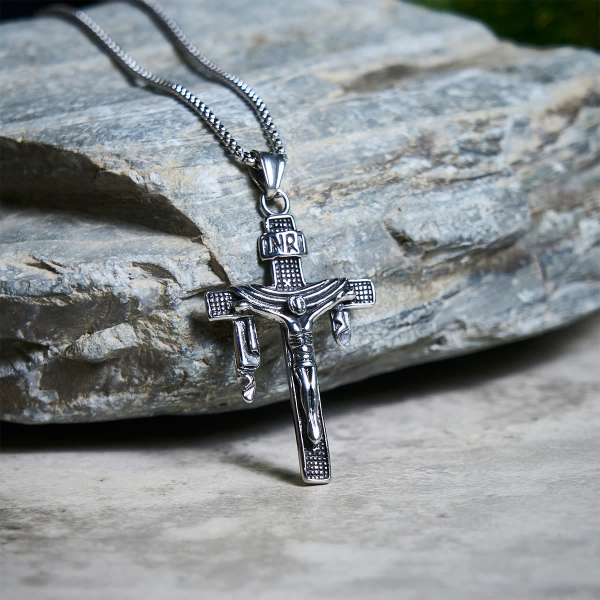 Sacred Strength Crucifix Pendant Necklace with Carved and INRI Cross Designs