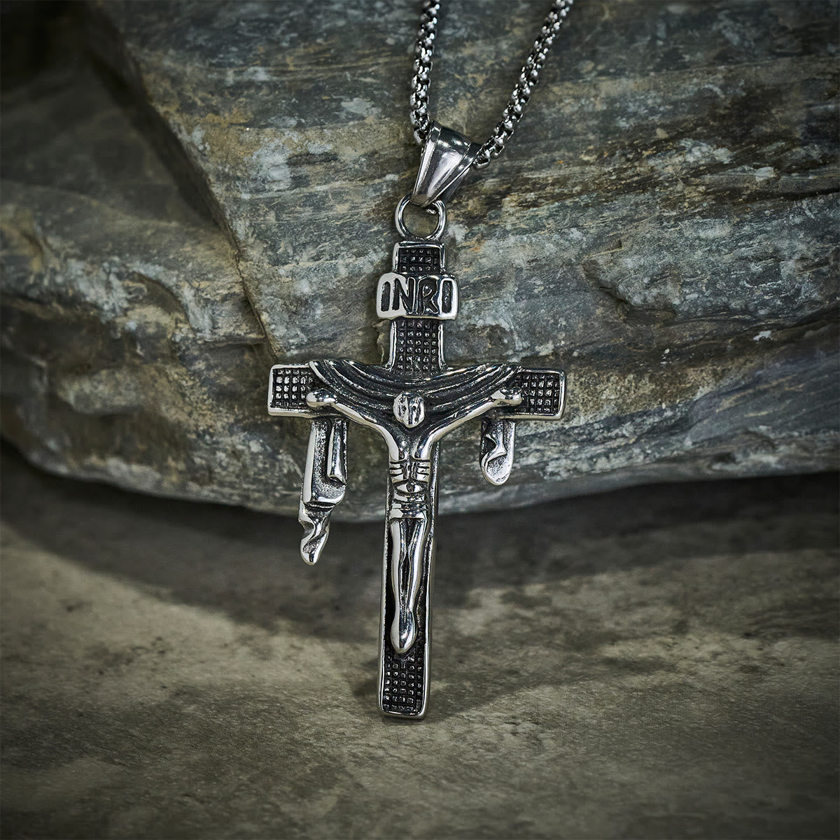 Sacred Strength Crucifix Pendant Necklace with Carved and INRI Cross Designs