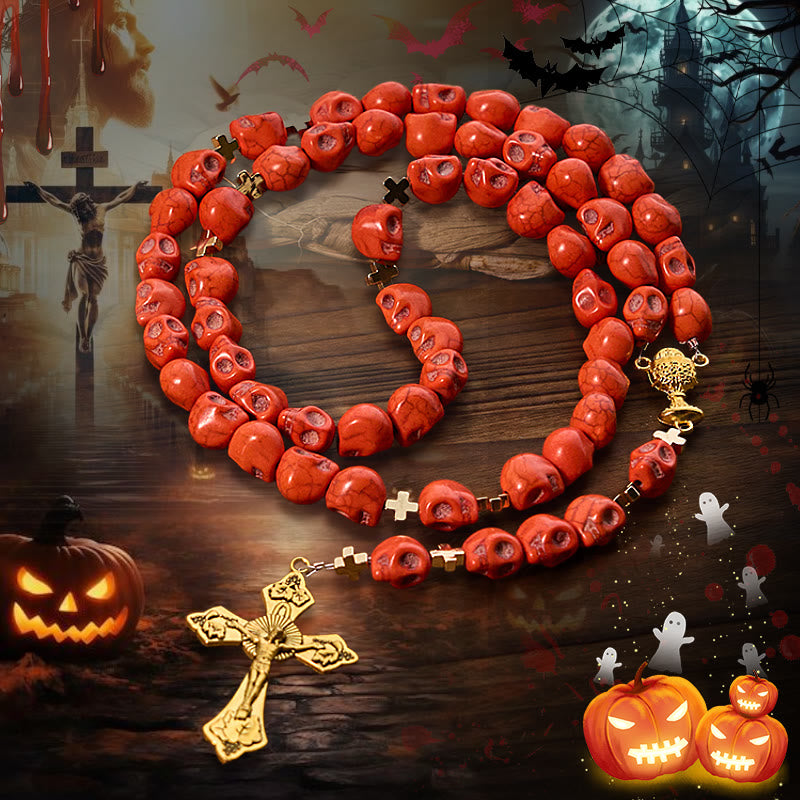 Light Over Darkness - Holy Grail of Salvation with Mystic Crimson Skull Beads Halloween Rosary