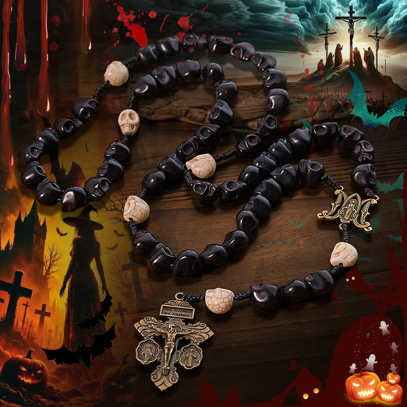 Light Over Darkness - Pardon Crucifix of Mercy with Black Skull Beads Halloween Prayer Rosary